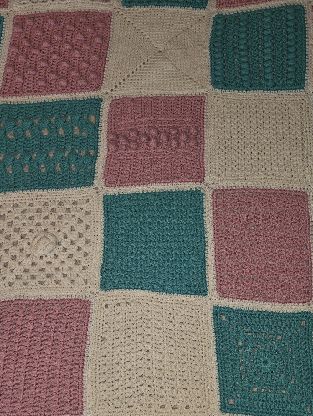 Handmade Crochet 3D Granny Square Afghan Blanket 72x58 Pink Blue Cottagecore